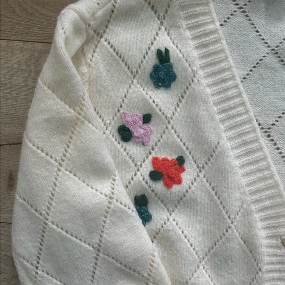 Ivory Diamond-Knit Cardigan with Floral Embroidery Cottagecore Cardigan - Picture 5 of 9